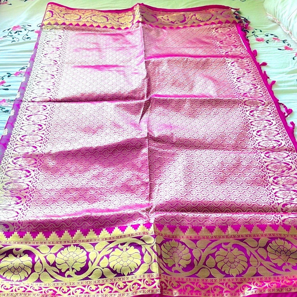 Saree silk sari pink with gold border and tassel Indian wedding guest outfit